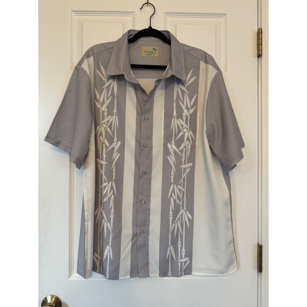 Aloha Daddy Men's XL Gray Bamboo Print Hawaiian Camp Shirt Button Front